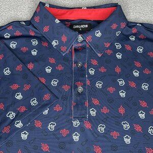 Druids Polo Shirt Mens XL Blue Beer Mug Print Golf Performance Stretch All Over